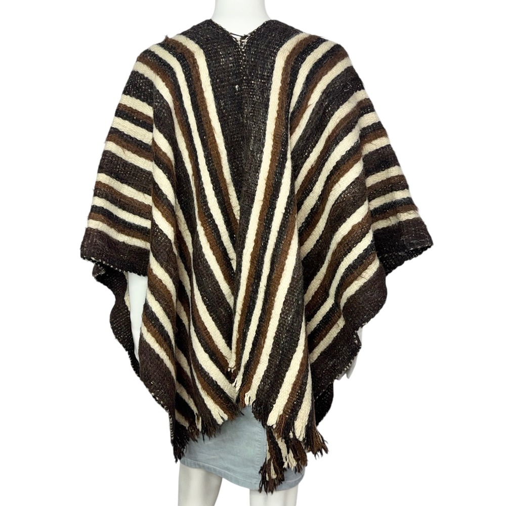 Luna D'oro Poncho Women OS Brown Striped 100% Alpaca Hand Made Bolivia Excellent - Picture 4 of 6